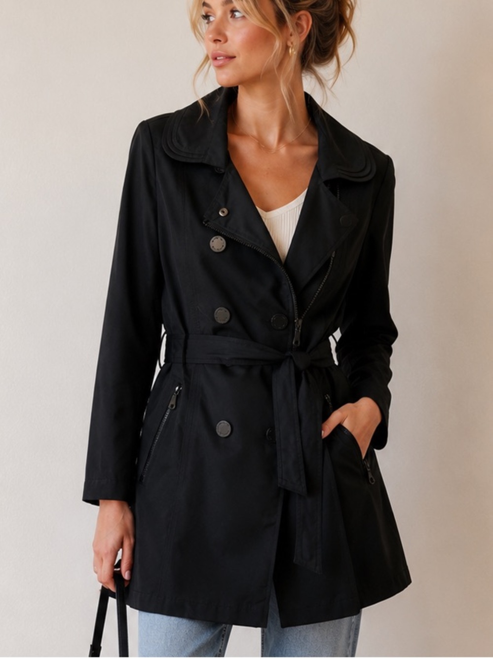 London Fog Black Double-Breasted Trench Coat Waist Tie Belted Size Small